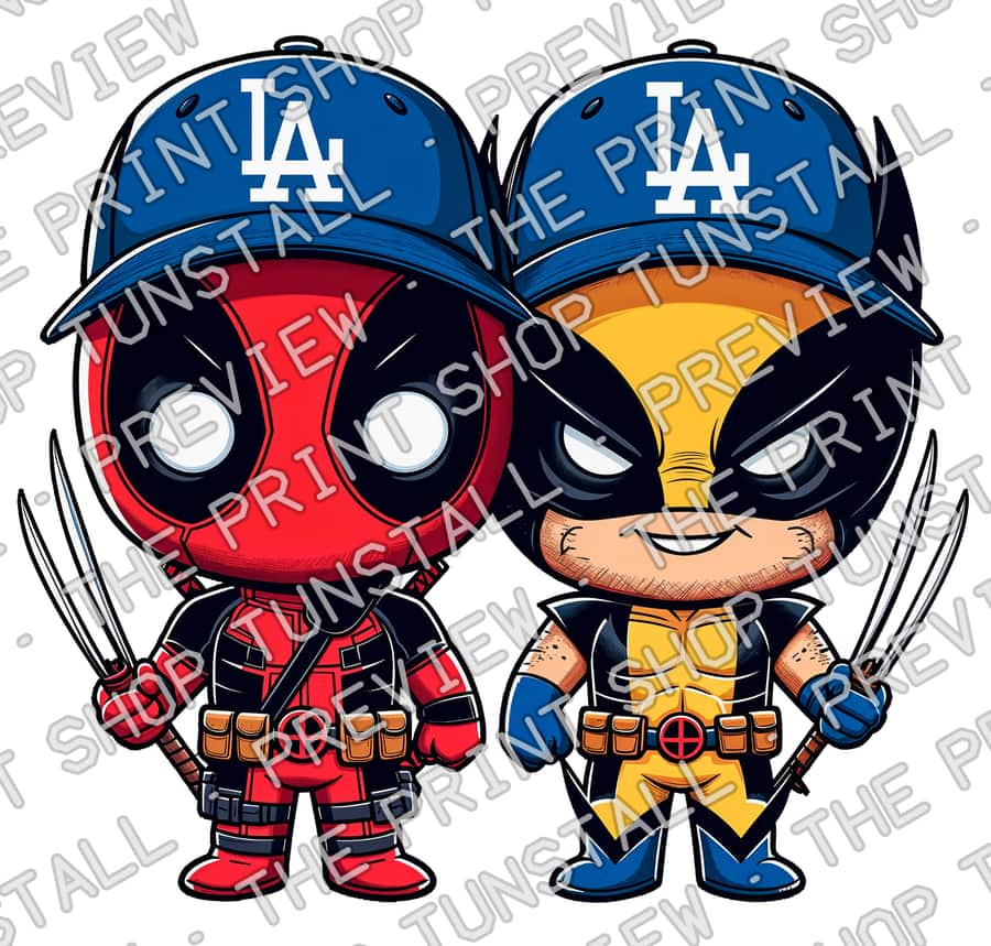 Preview of Cute Deadpool And Wolverine Los Angeles Dodgers PNG, Superhero Dodgers PNG, Deadpool And Wolverine Baseball PNG