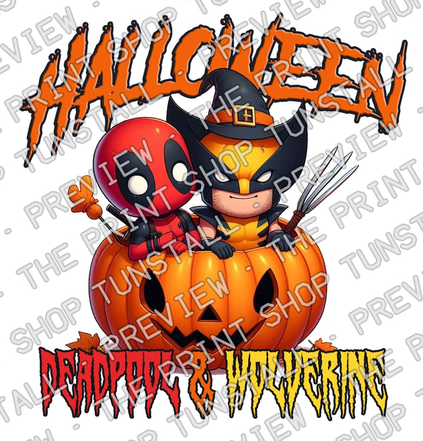 Preview of Halloween Deadpool And Wolverine PNG, Deadpool And Wolverine In Pumpkin Halloween PNG