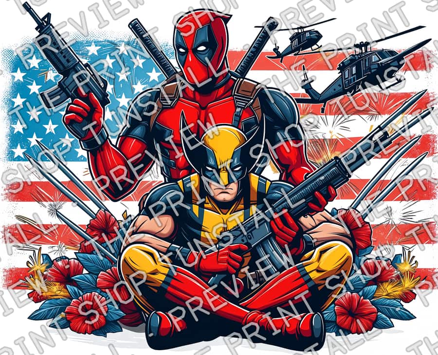 Preview of Deadpool And Wolverine America Flag PNG, Deadpool Wolverine 04th Of July PNG, Superhero Independence Day PNG
